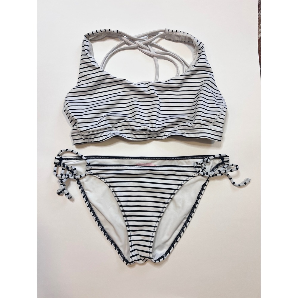 Victoria Secret Bikini Set Striped White BlaTie Side Bottom L Top M Bottomck